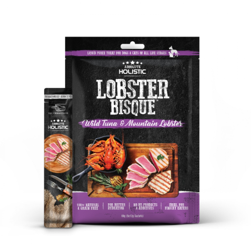 [斷貨中, 未有返貨日期, 可預訂等貨到]  Absolute Holistic 60g Lobster Bisque ((Wild Tuna & Mountain Lobster)) 貓狗小食 無穀物高級濃湯肉泥 吞拿魚+龍蝦 (12克X5獨立包裝) (AH4020) 
